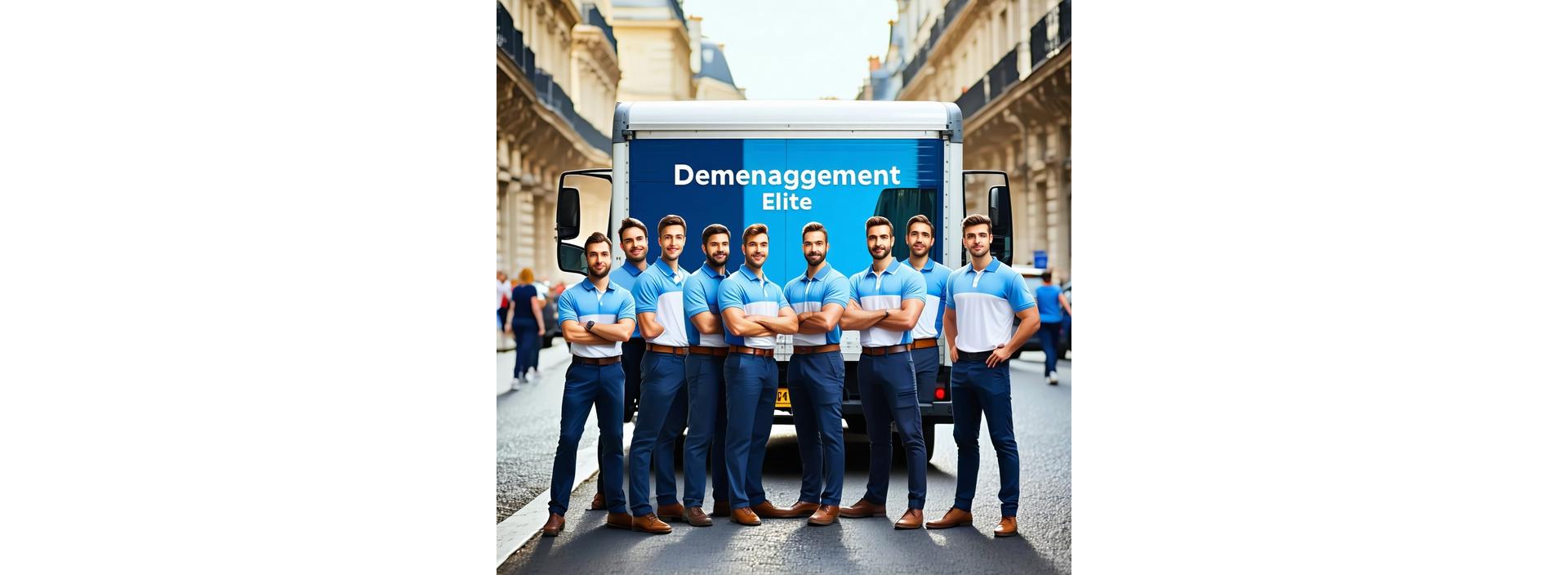 Équipe de déménageurs Déménagement Elite devant un camion à Paris